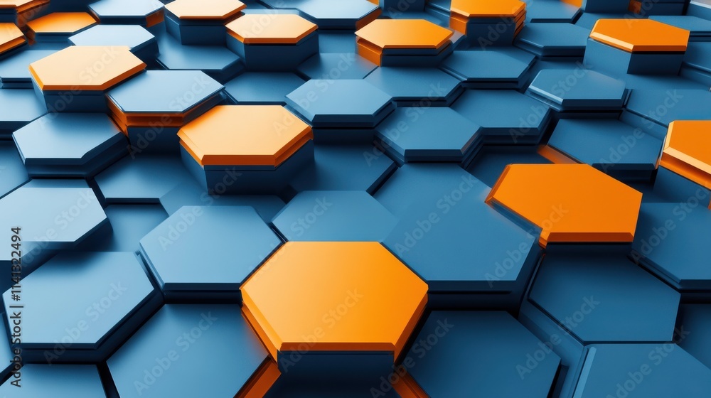 Poster abstract hexagonal patterns in blue and orange create a modern and dynamic design.