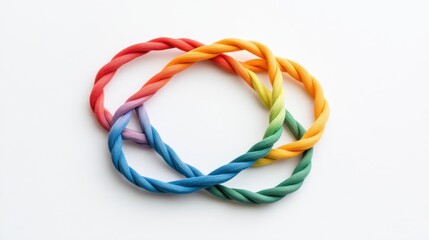 Naklejka premium Colorful twisted ropes arranged in a circular pattern on a white background, showcasing vibrant hues of red, orange, yellow, green, blue, and purple.