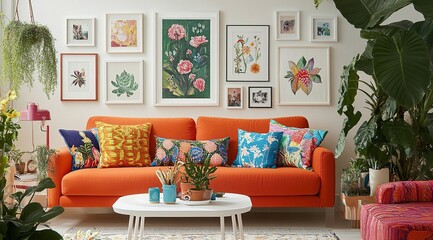 Vibrant Orange Sofa Decorated with Colorful Pillows and Botanical Prints, Creating a Lively Living Room Atmosphere