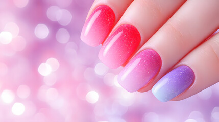 A vibrant close-up of beautifully manicured nails featuring a gradient of pink and purple shades with a glittery finish