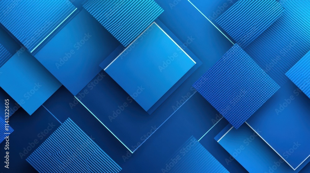 Poster abstract blue geometric composition featuring layered squares of varying textures and shades, creati