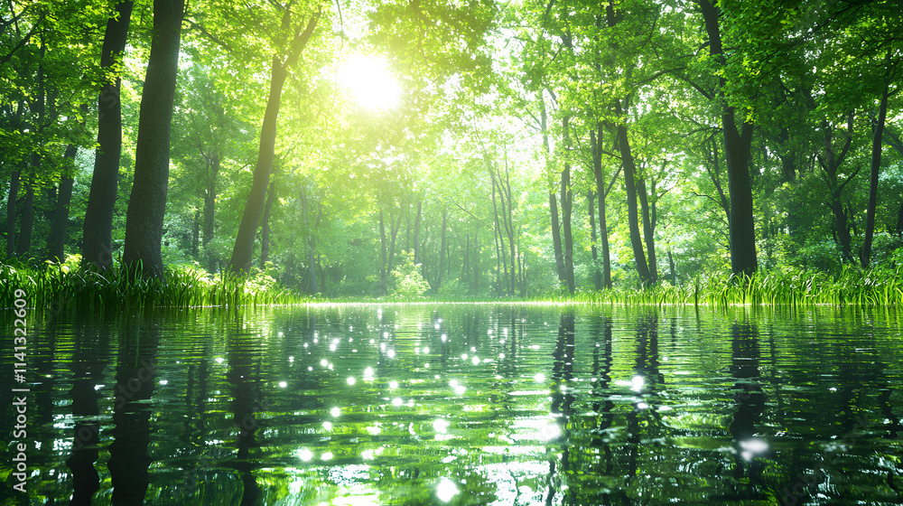 Poster a serene forest scene with sunlight filtering through trees, reflecting on tranquil water, creating 