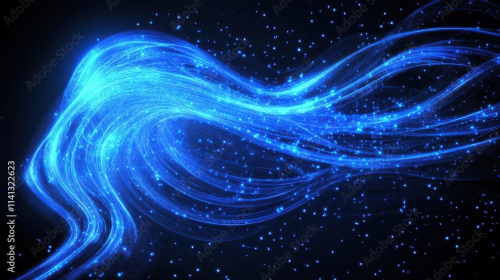 Poster a mesmerizing swirl of blue light particles creating a dynamic flow against a dark background.