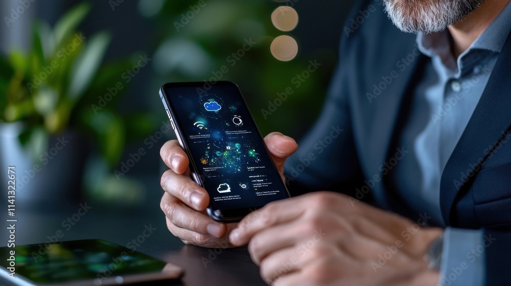 Poster businessman using smartphone for digital communication business tasks and productivity on office des