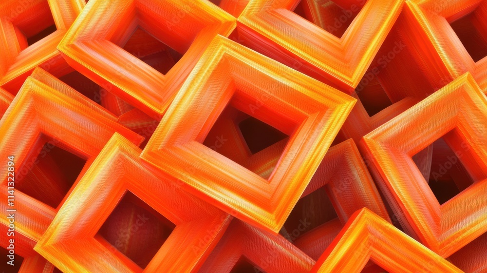 Poster a vibrant abstract composition of intersecting frames in shades of warm orange, creating a dynamic a