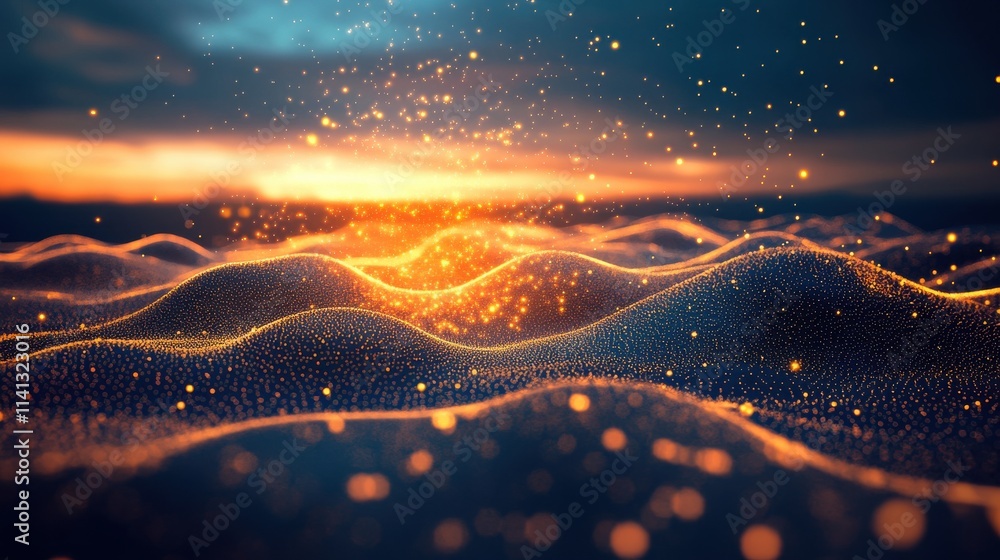 Poster a mesmerizing abstract landscape featuring glowing particles across undulating waves at dusk.