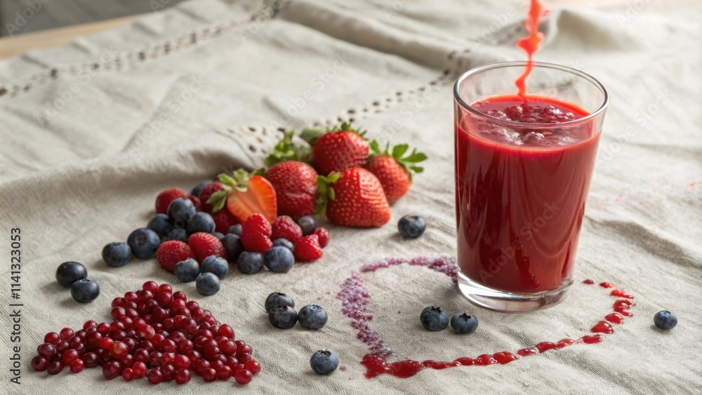 Poster The scene focuses on the vivid red juice splashed against a backdrop of textured linen. Heartshaped configurations of various berriesblueberries strawberries and