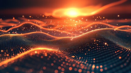 An abstract representation of waves illuminated by a glowing sunset, showcasing vibrant orange and gold hues.