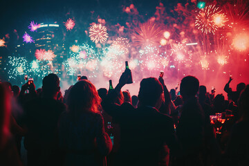 Silhouette of people are cheering, clinking champagne glasses and celebrating with colorful fireworks in the background.
