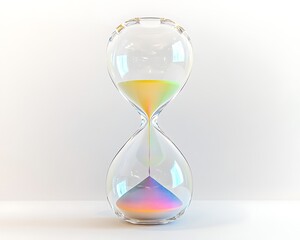 A modern 3D hourglass with a transparent body and rainbow-colored sand isolated on a white background
