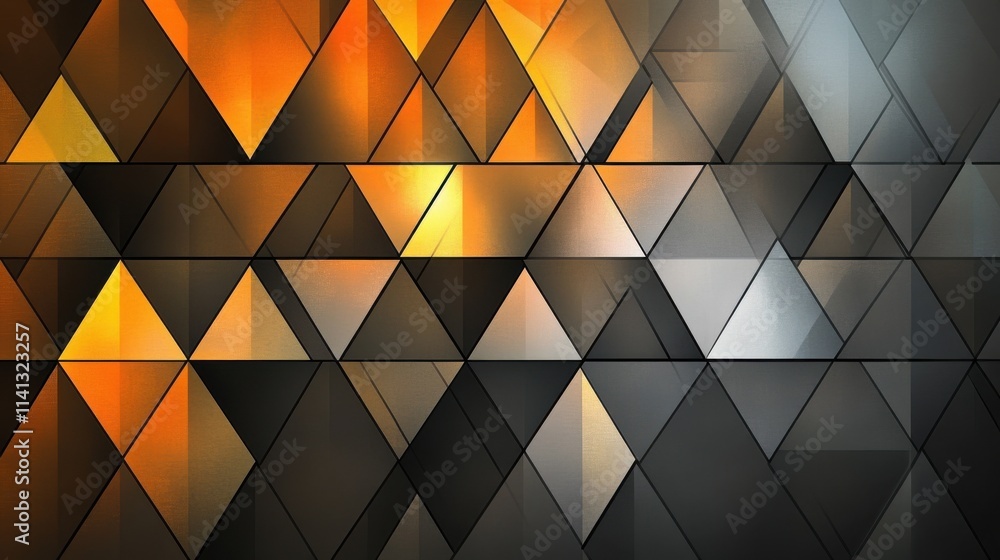 Poster a dynamic abstract pattern of triangular shapes in warm orange and cool gray tones, creating a moder
