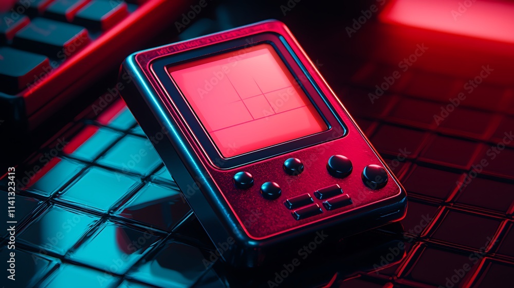 Poster Retro handheld game console on a keyboard, illuminated with red and blue neon light.