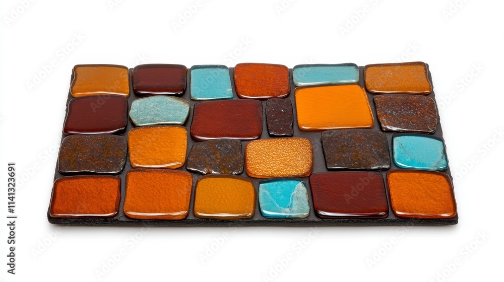 Poster a vibrant mosaic tile design featuring a mix of earthy and bright colors arranged in a rectangular p