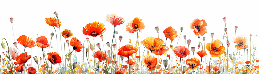 Obraz premium illustration watercolor vibrant poppy field on white background