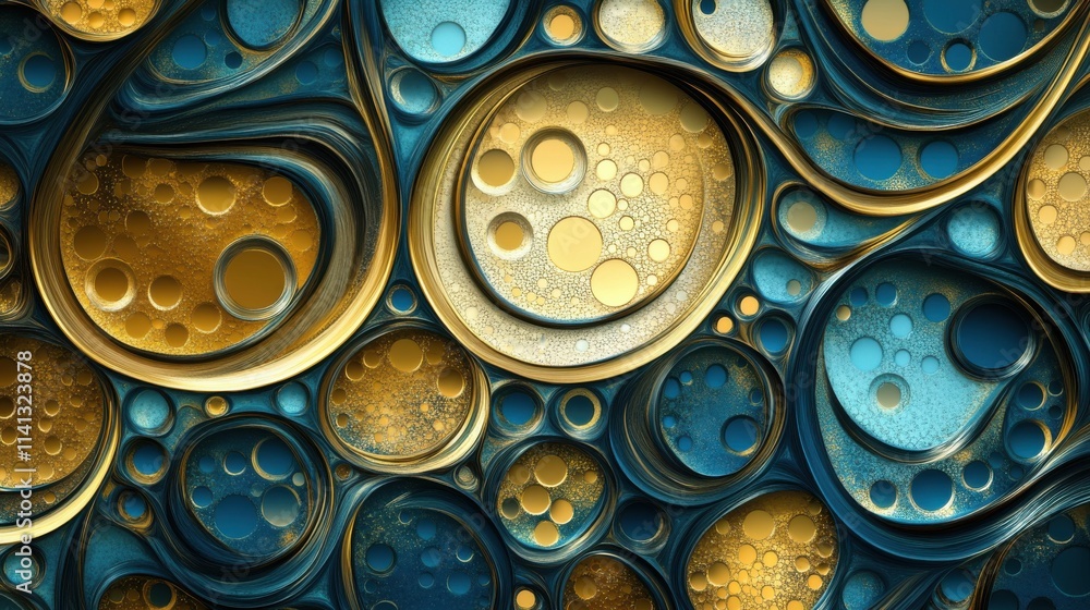 Poster abstract pattern featuring spherical shapes in gold and blue hues, creating a mesmerizing visual eff