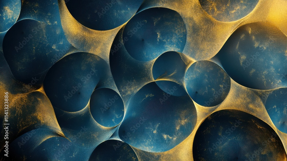 Poster abstract blue and gold spheres create a mesmerizing pattern, evoking a sense of depth and fluidity.