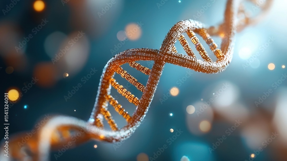 Aufkleber glowing digital dna helix molecule structure in abstract futuristic blue and orange illuminated back