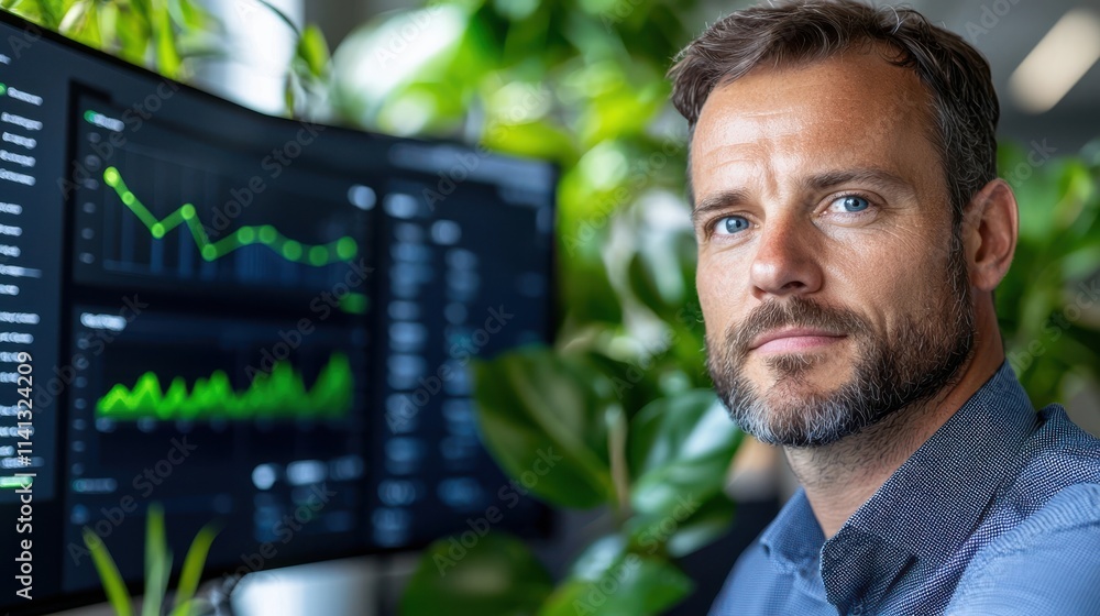 Aufkleber close up of a businessman examining financial data and charts displayed on a computer monitor as he 