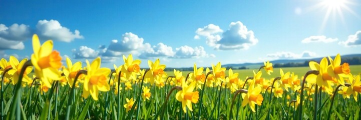 Fototapeta premium A picturesque field of narcissi sways gently in the breeze under a brilliant blue sky, landscape, field of flowers