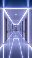 Fototapeta premium A modern, illuminated hallway with sleek design and reflective flooring.
