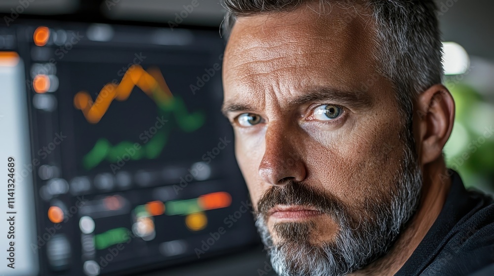Poster thoughtful middle aged businessman intently examining market graphs and charts on computer screen in