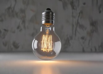 A single light bulb emitting a warm, soft glow in the center of a plain grey background, calm , gentle, glowing
