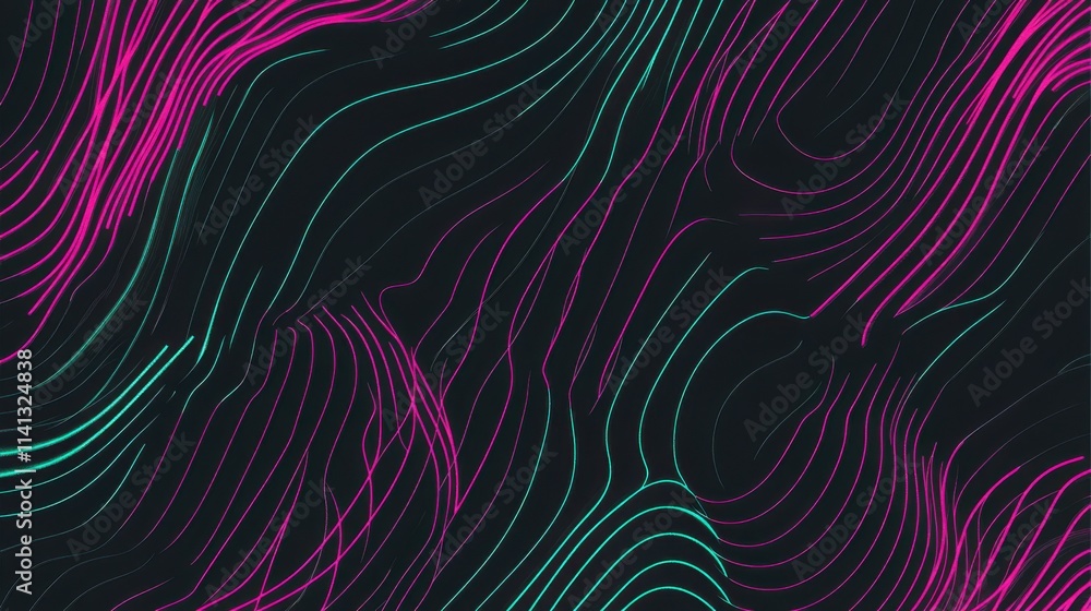 Poster dynamic abstract patterns featuring vibrant pink and teal lines flowing on a dark background.