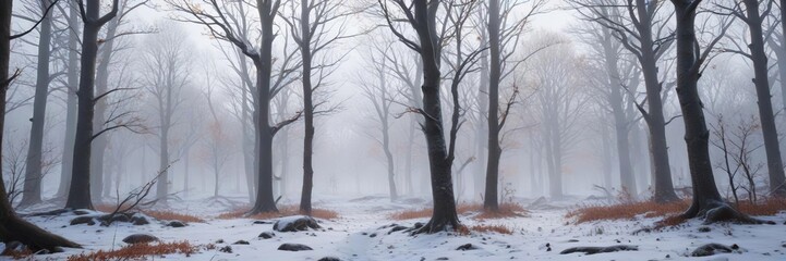A snow-covered forest with bare tree limbs and a foggy atmosphere , foggy, winter, forest floor