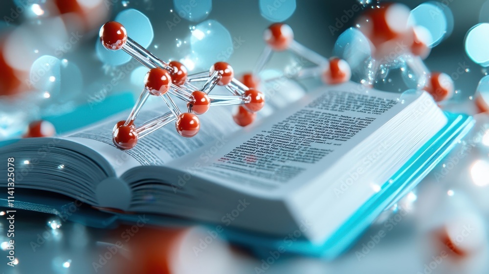 Poster open science textbook lying on a desk with a frozen icy surface and molecular structures in the back