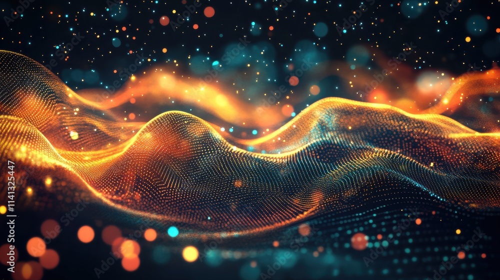 Poster abstract digital waves of glowing orange and blue particles creating a mesmerizing three-dimensional