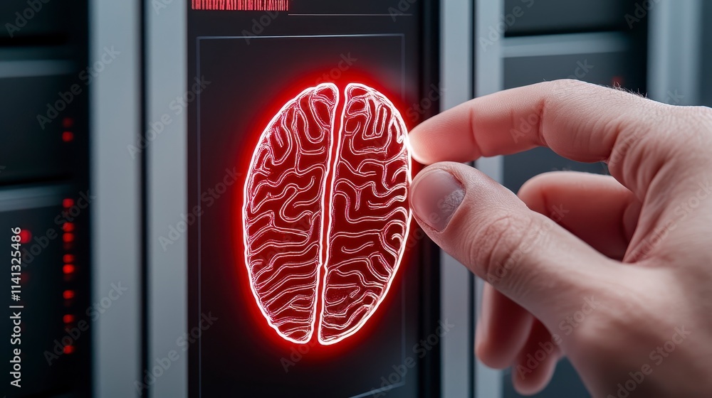 Aufkleber a futuristic hand interacts with a glowing brain graphic on a digital interface, symbolizing technol