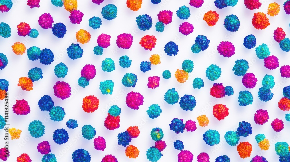 Poster vibrant clusters of colorful spheres create a lively, abstract pattern on a bright background.