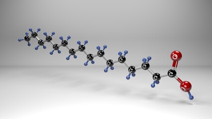 Palmitic acid molecule. Molecular structure of hexadecanoic acid, saturated fatty acid extracted from the fruit of oil palms, meats and dairy products.