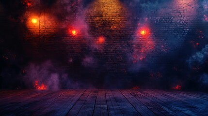 Obraz premium Moody basement with exposed brick walls, sparks, smoke, and neon highlights