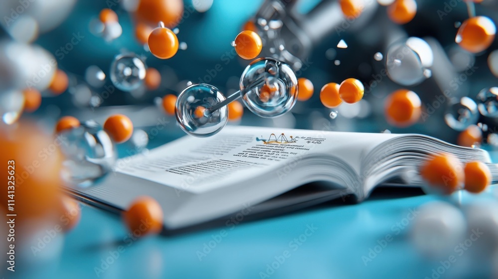 Poster open book with reflective glass orbs and bubbles floating around it on a blurred textured background
