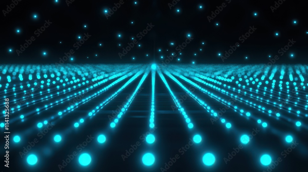 Poster a mesmerizing array of glowing turquoise dots creating a vibrant, futuristic perspective.