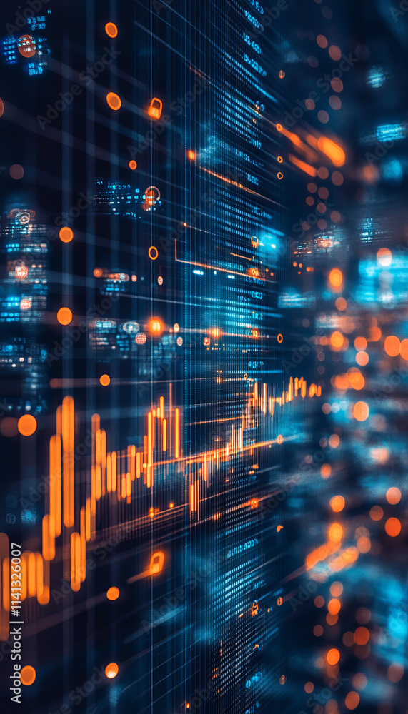 Poster digital graphs and analytics showcasing stock market trends and data