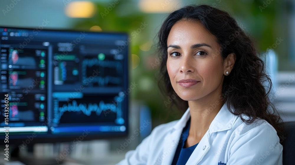 Poster female scientist or researcher analyzing data and information on digital dashboard computer screen i