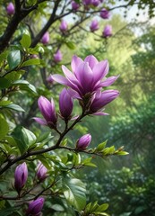 Obraz premium Bright violet magnolia flower buds nestled among lush green foliage in the spring landscape, floral arrangement, botanical garden