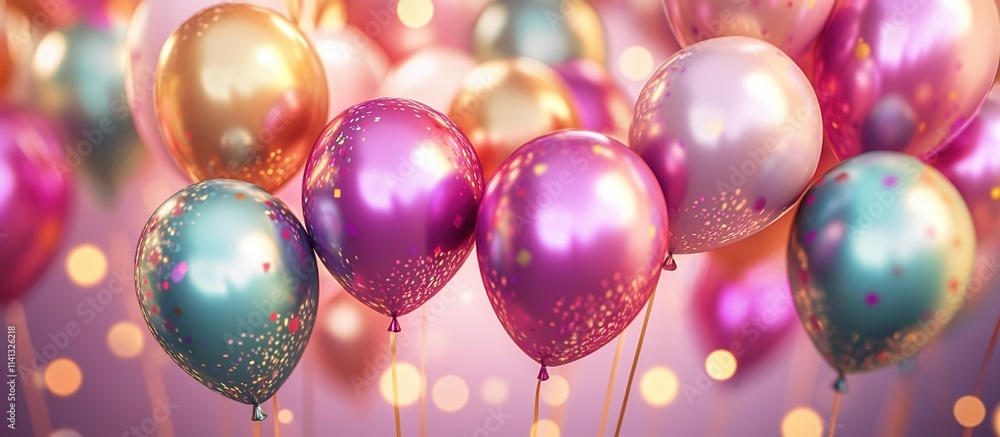 Poster shiny balloons float joyfully, celebrating festive occasions with sparkling confetti, creating a mag