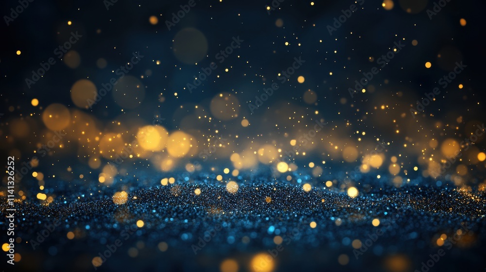 Poster a mesmerizing display of shimmering golden particles against a deep blue background, creating a magi