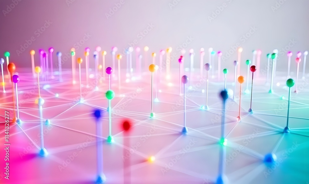 Poster colorful nodes linked by lines create network in shallow focus.