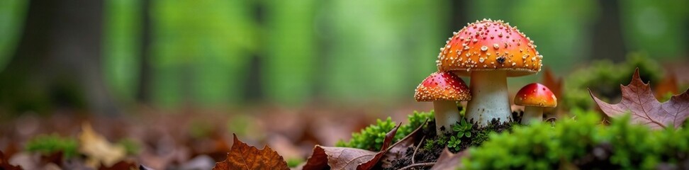 Fototapeta premium Champignon mushrooms on forest floor with leaves, lichen, decaying wood
