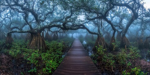Obraz premium A misty mangrove pathway surrounded by twisted trees and lush greenery.