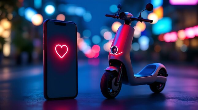 Neon Nights: Electric Scooter and Smartphone with Heart Icon in Vibrant Cityscape - Powered by Adobe