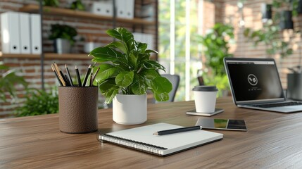 Fototapeta premium Laptop and Plant on Table