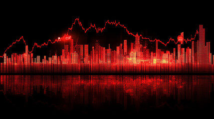 Stock market graph with downward trends and financial symbols, reflecting volatility