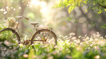 Obraz premium Idyllic Old Bicycle with a Basket Overflowing with Flowers
