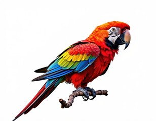 Fototapeta premium A vibrant scarlet macaw perches on a weathered brown branch, its iridescent feathers glistening as it turns its head to reveal brilliant wing colors