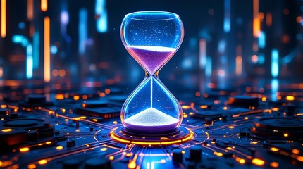 Futuristic Hourglass on a Glowing Circuit Board, Time and Technology Concept, Digital Art, Abstract Background